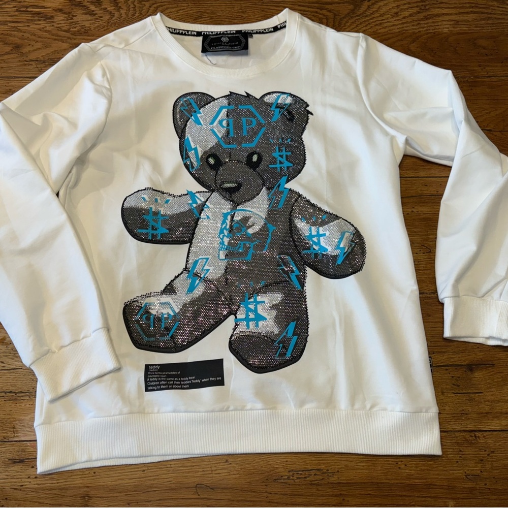 Philipp Plein White Crewneck Sweater with Sequin Teddy Graphic